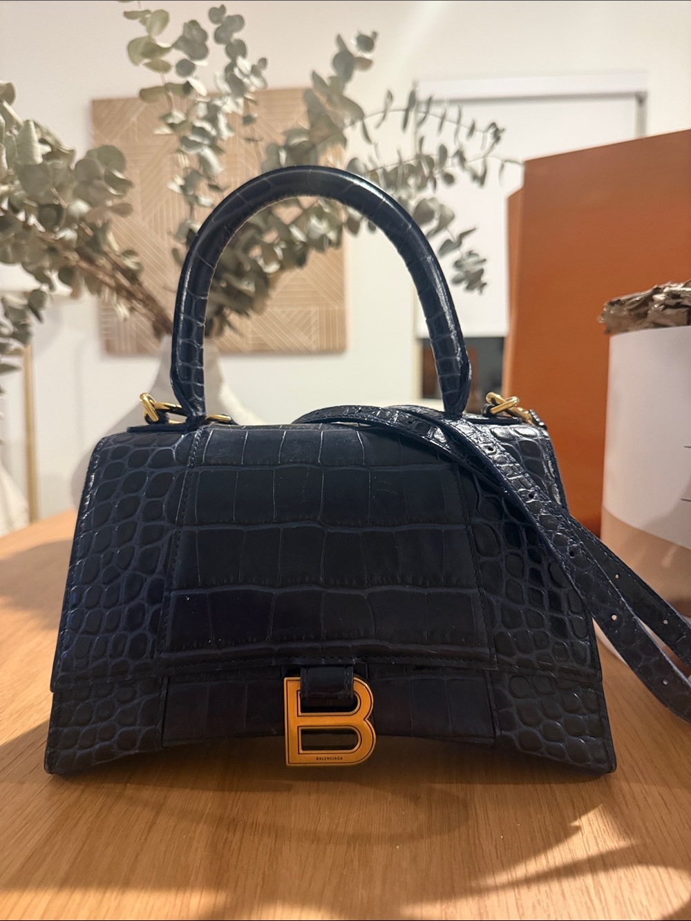 Balenciaga Hourglass Top Handle Bag in Blue Croc-Embossed Leather